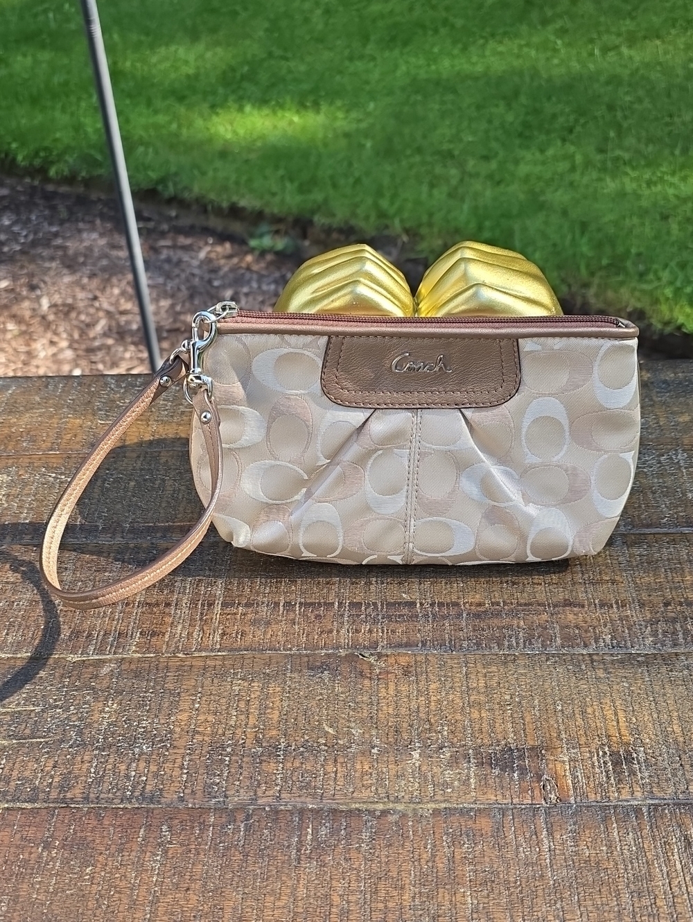 Coach Beige Signature C Sateen Wristlet